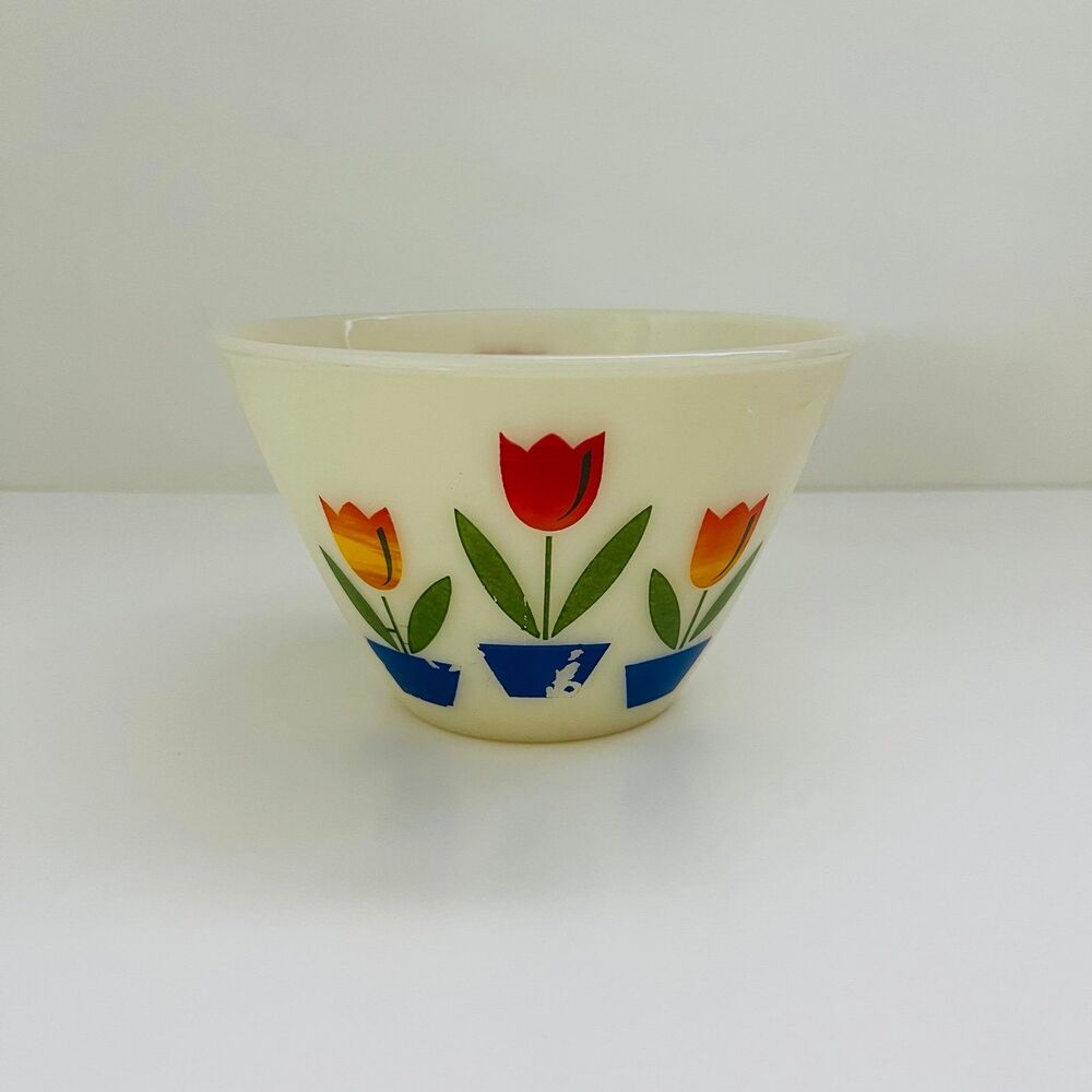 FIRE KING Milk Glass Ovenware Red, Orange, Yellow Tulips Small Mixing Bowl 1 Qt